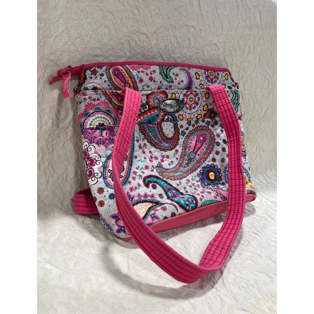 Donna Sharp Quilted Flowery Paisley Tote Bag With Zipper & Pink Handles